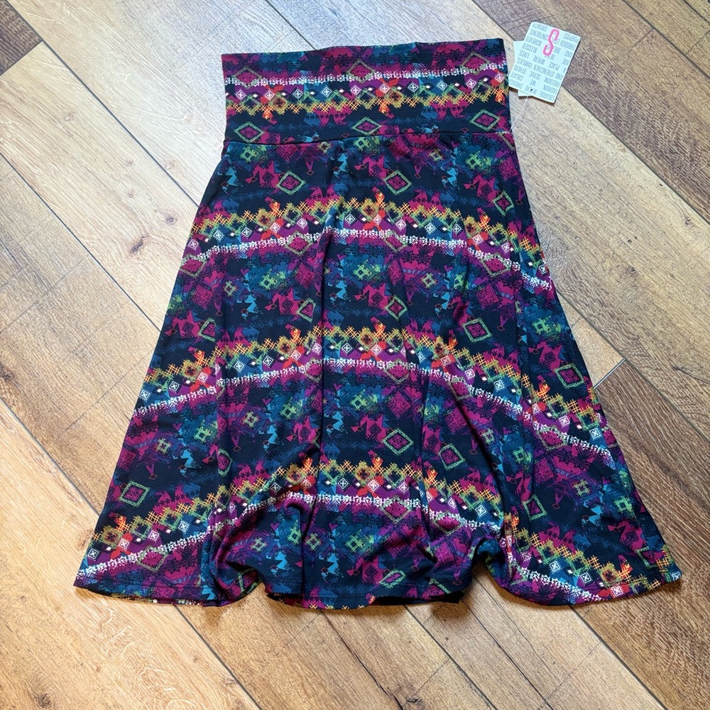LuLaRoe Blue and Pink A-Line Midi Skirt with Ruffled High-Low Hem